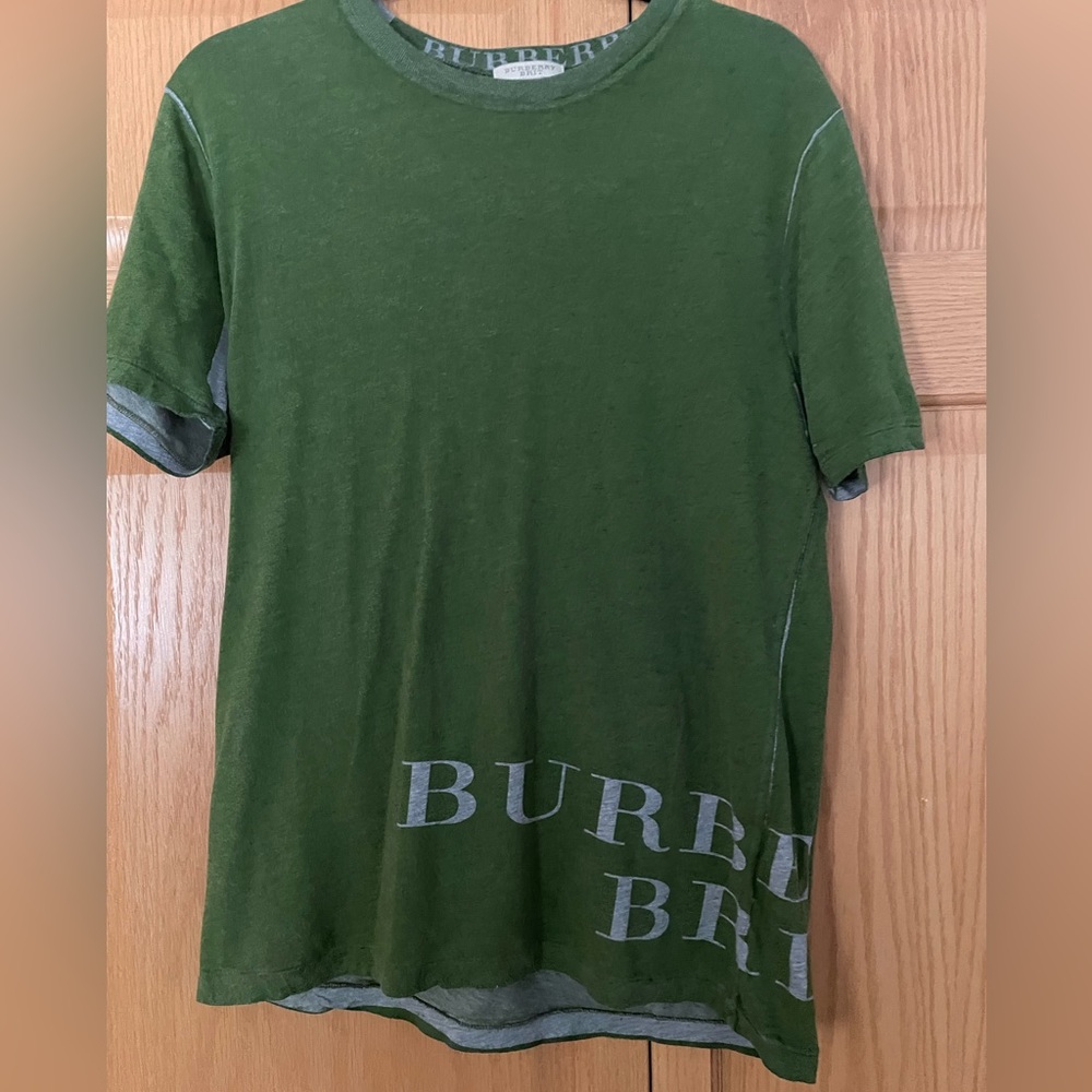 Green Burberry Tee With Gray Lettering and Design